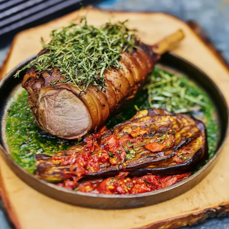 Épaule d'agneau au barbecue, aubergine à la tomate