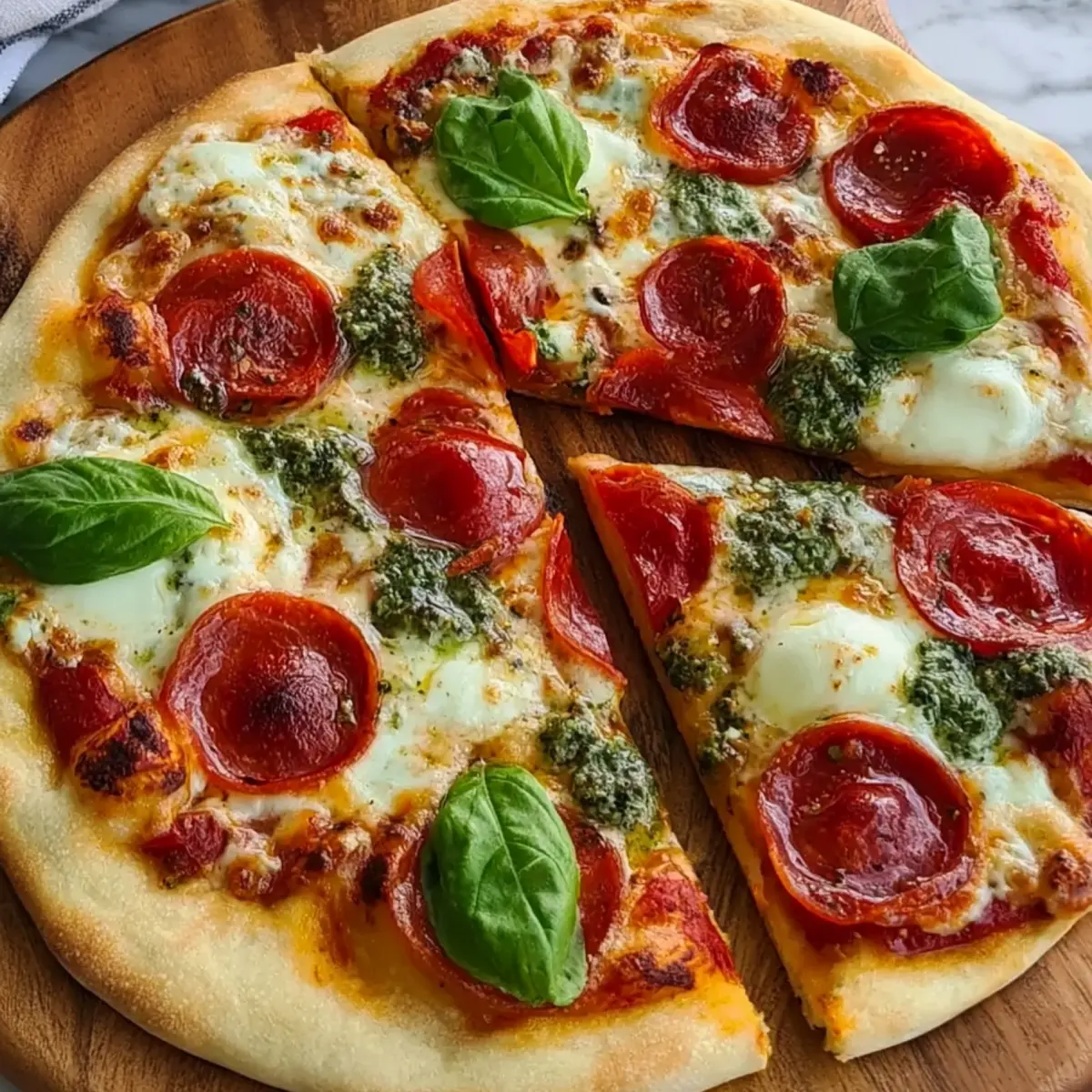 Pizza au pepperoni, burrata et pesto