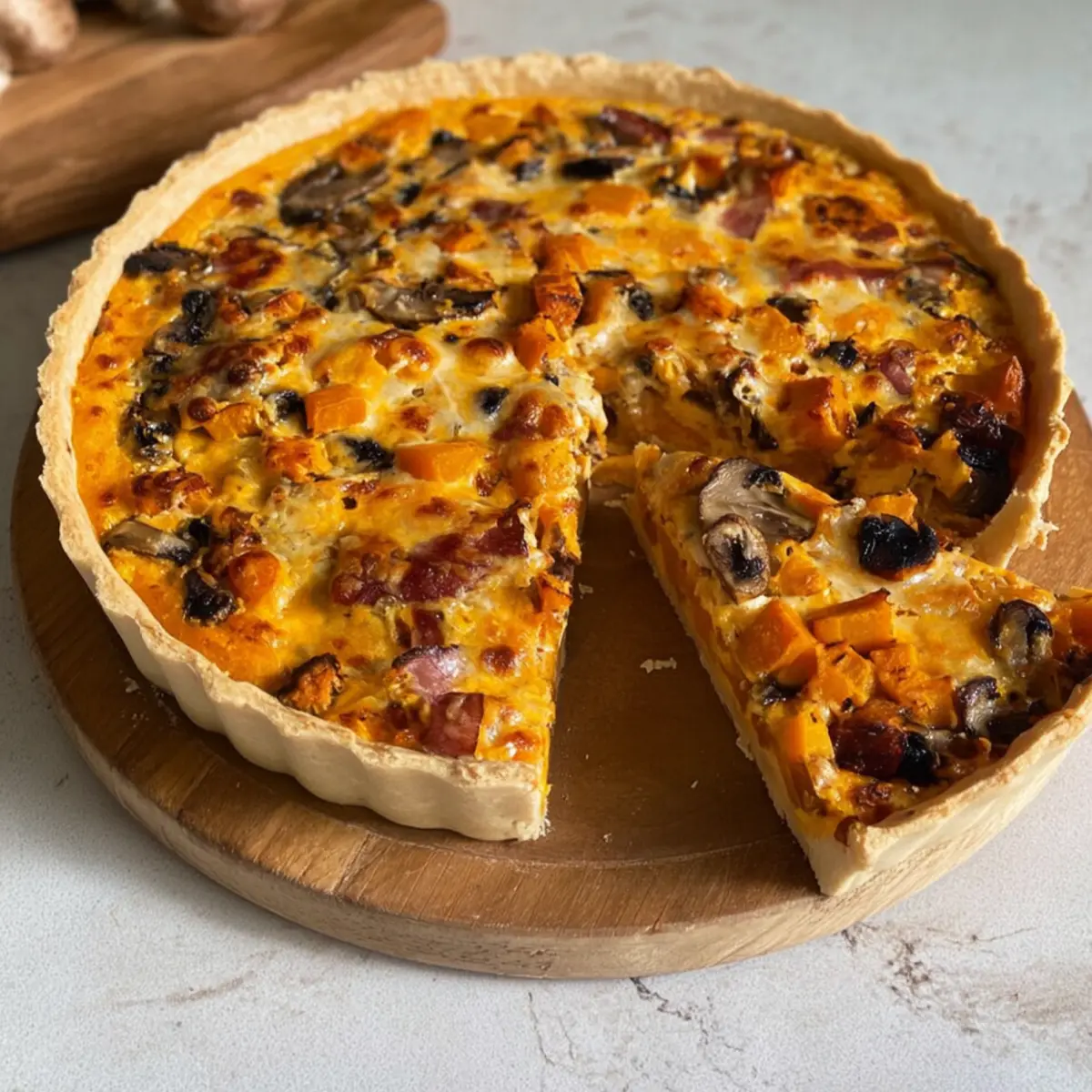 Quiche champignons, butternut, lardons & cheddar