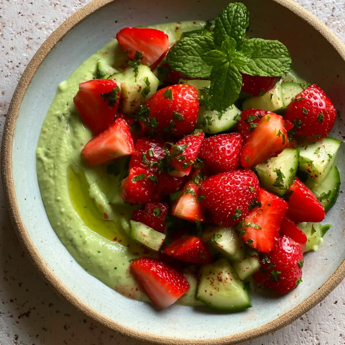 Salade de fraises et concombre, sauce crémeuse à l’avocat