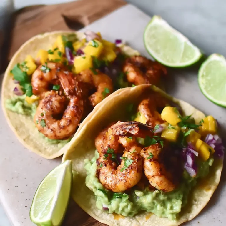 Tacos de crevettes épicés avec salade de mangue et crema à l’avocat