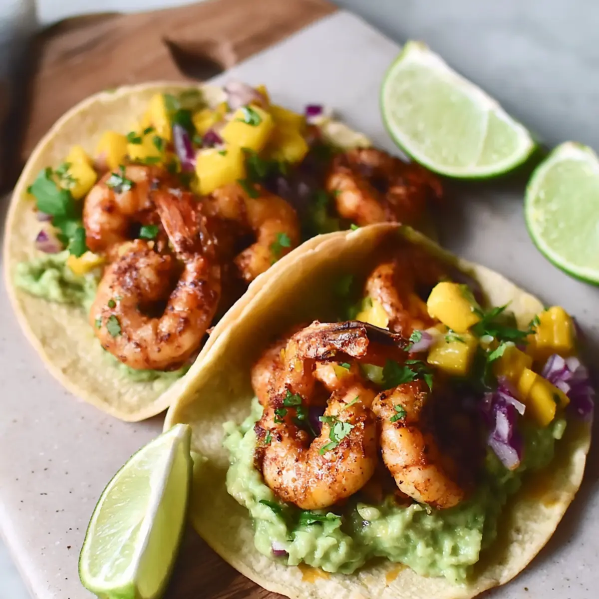 Tacos de crevettes épicés avec salade de mangue et crema à l’avocat