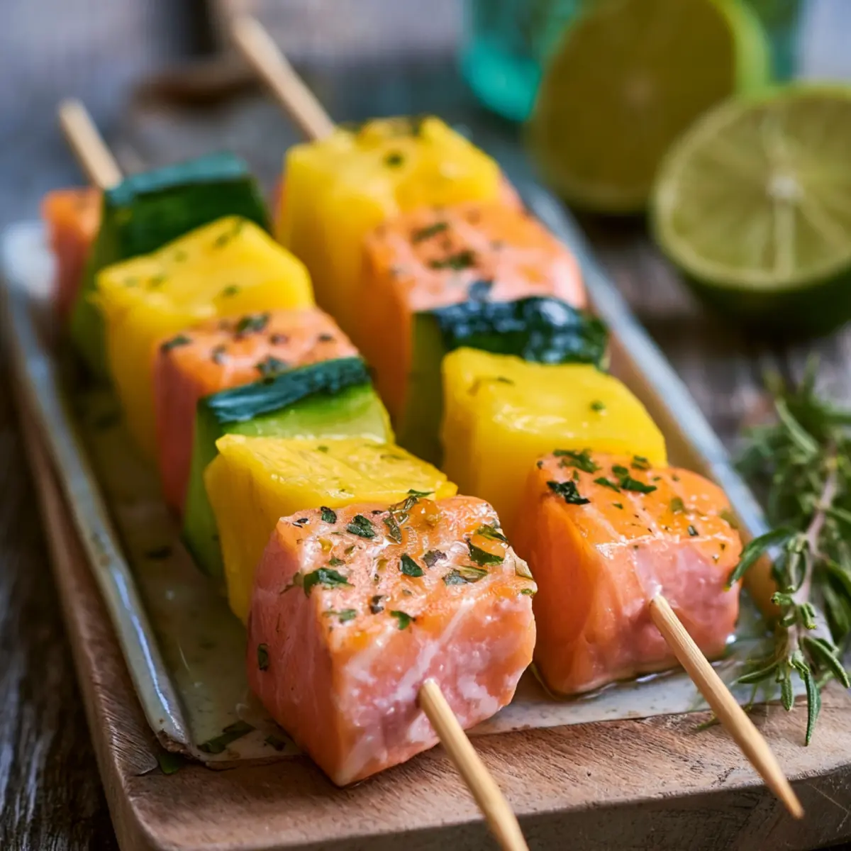 Brochettes de saumon et mangue marinées au citron vert et gingembre