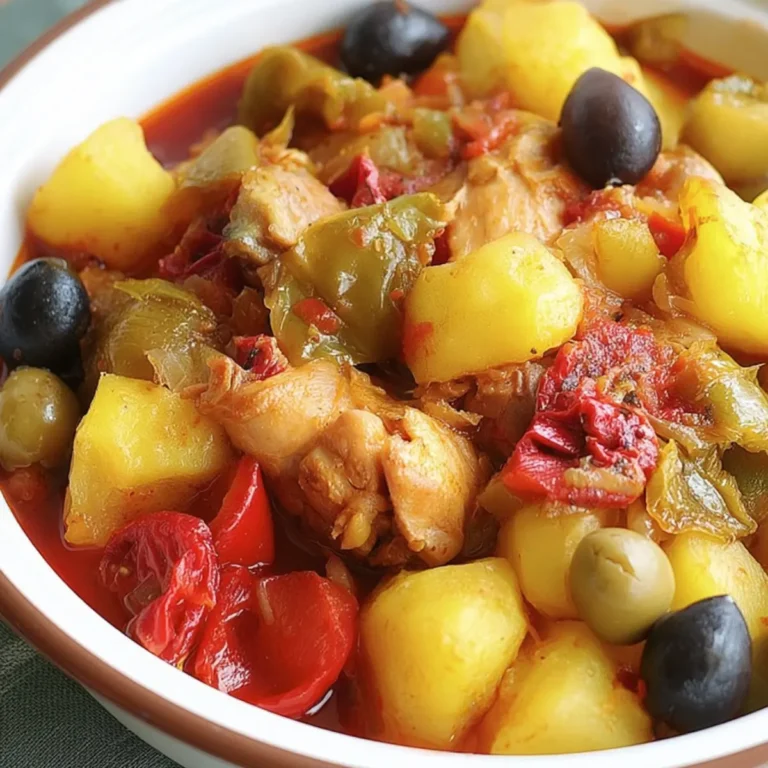 Poulet aux poivrons, pommes de terre et olives en sauce tomate