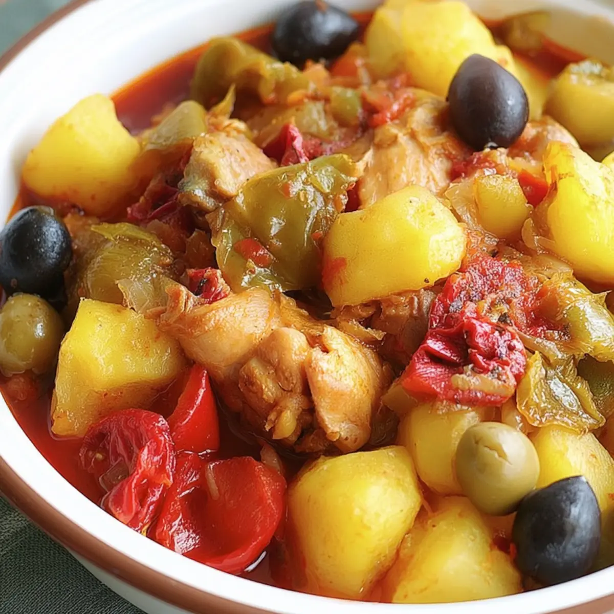 Poulet aux poivrons, pommes de terre et olives en sauce tomate