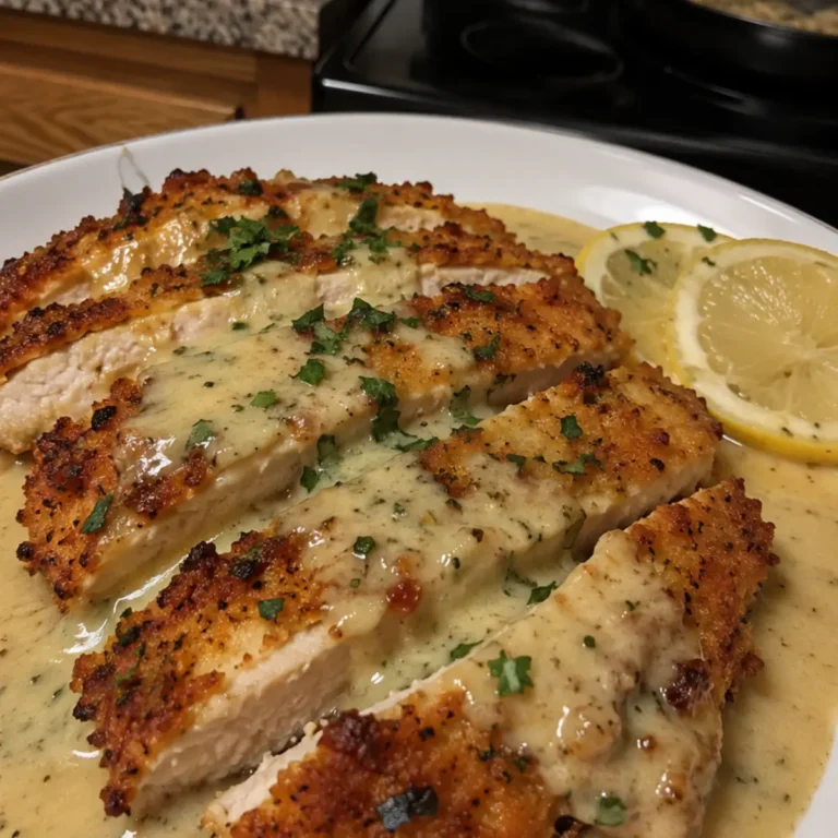 Poulet croustillant au parmesan, sauce crémeuse citron-ail