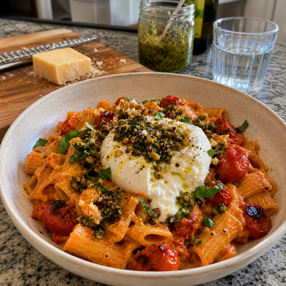 Pâtes crémeuses aux tomates rôties, burrata et pesto croustillant