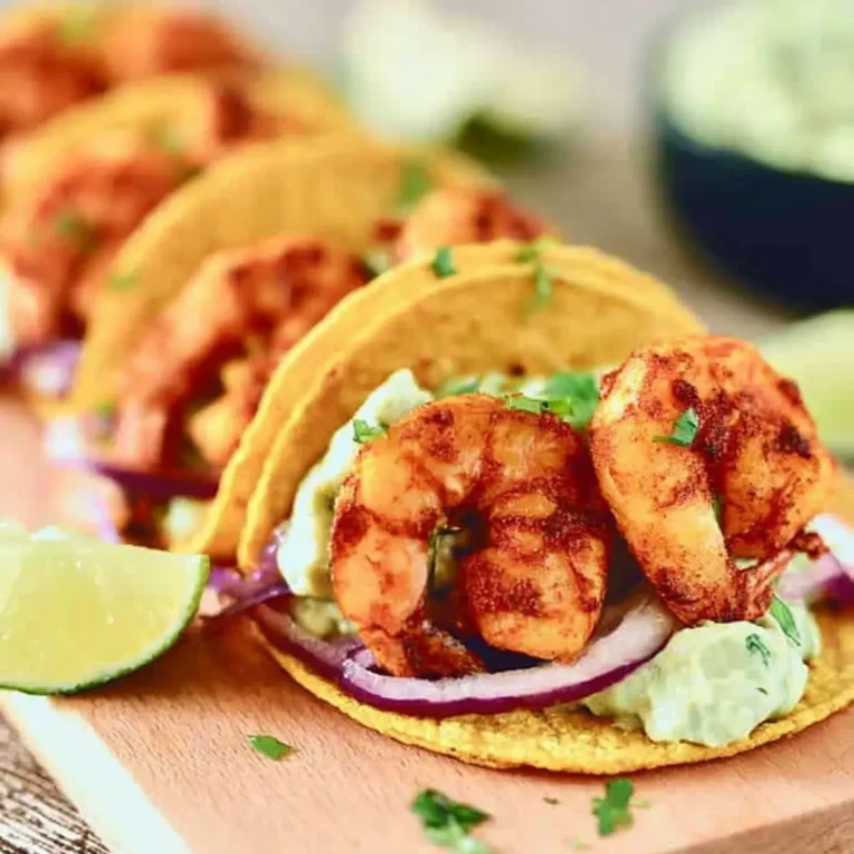 Tacos de crevettes épicés avec crema à l’avocat