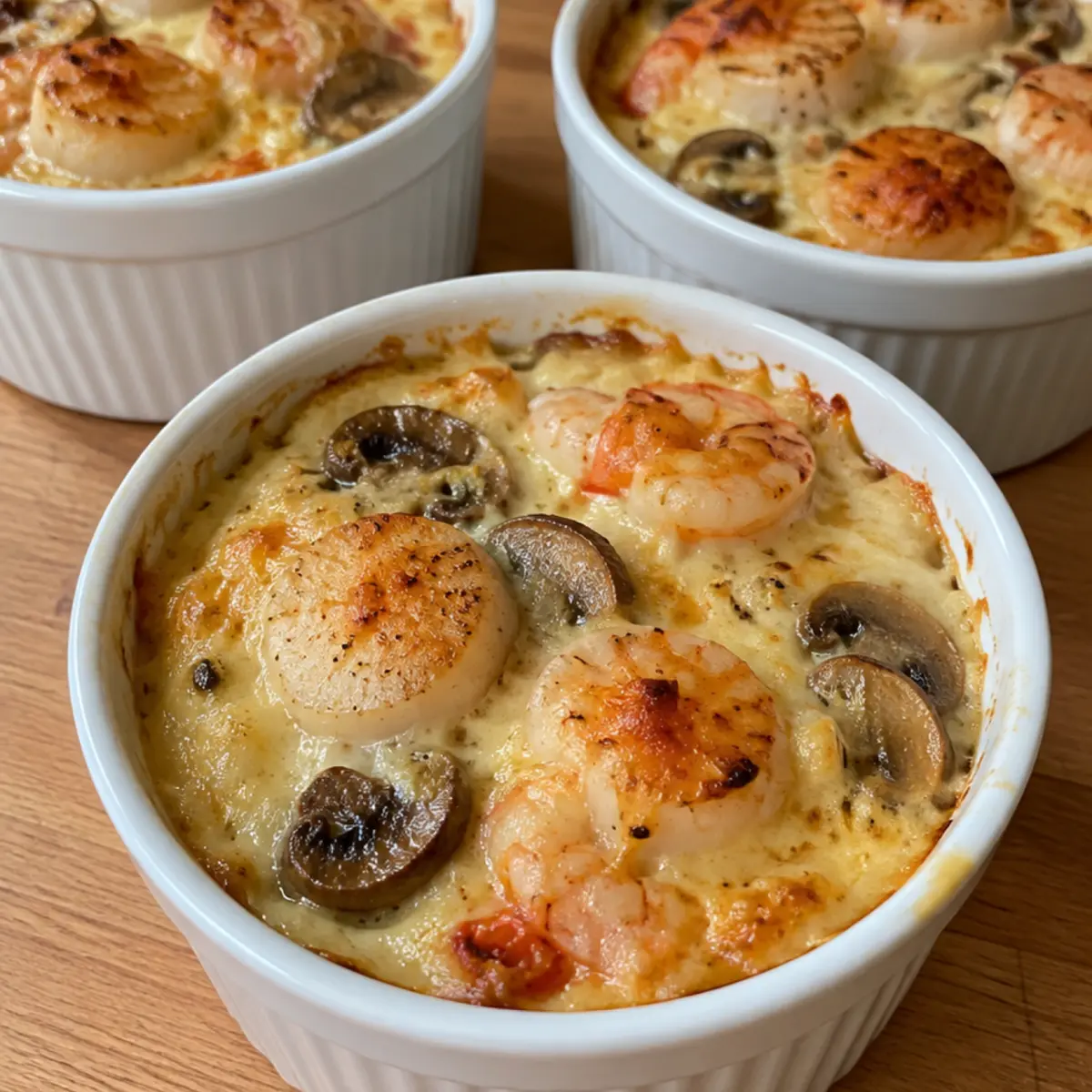 Cassolette de la mer aux Saint-Jacques, champignons et crevettes