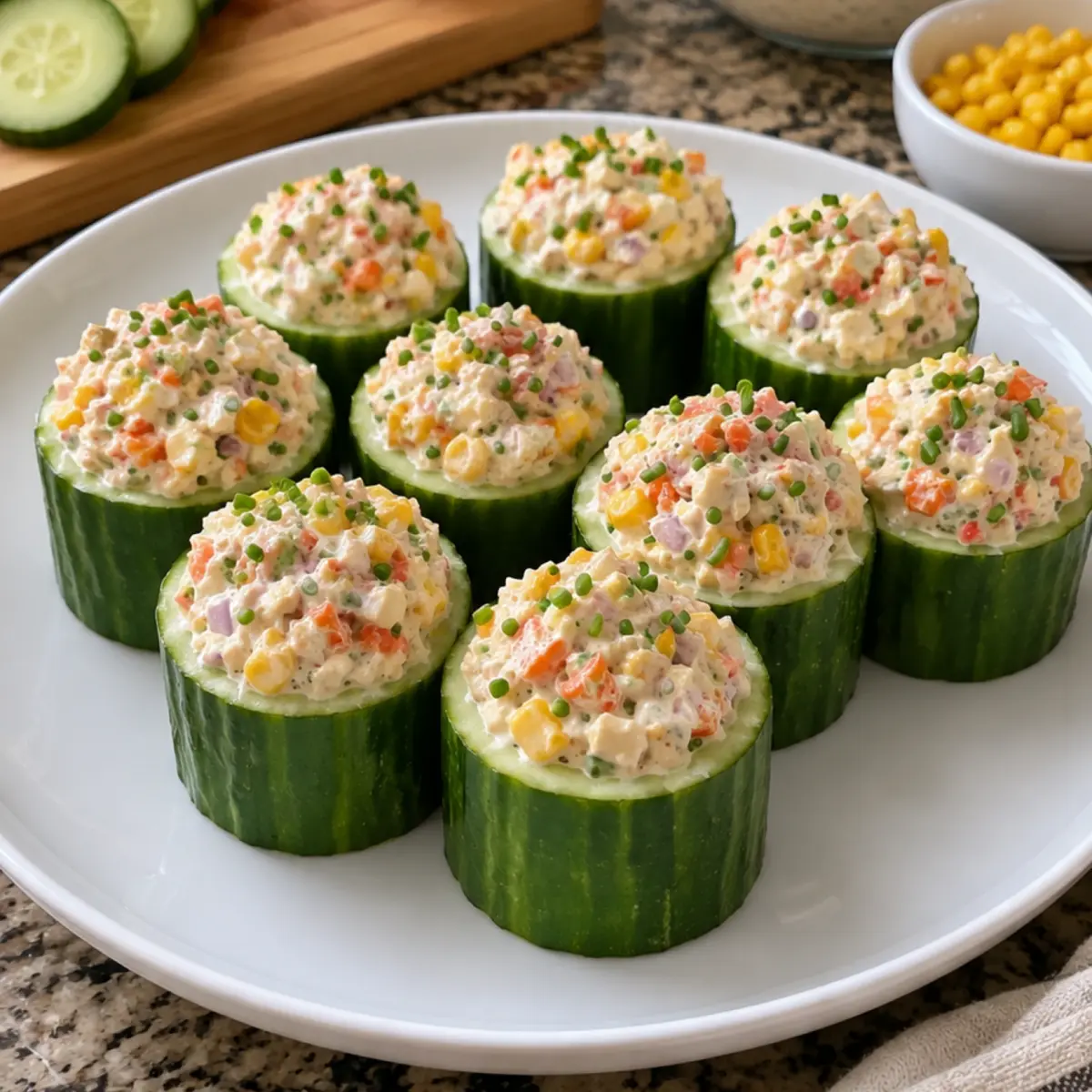 Concombres farcis au thon, surimi, crabe et maïs gourmands et frais