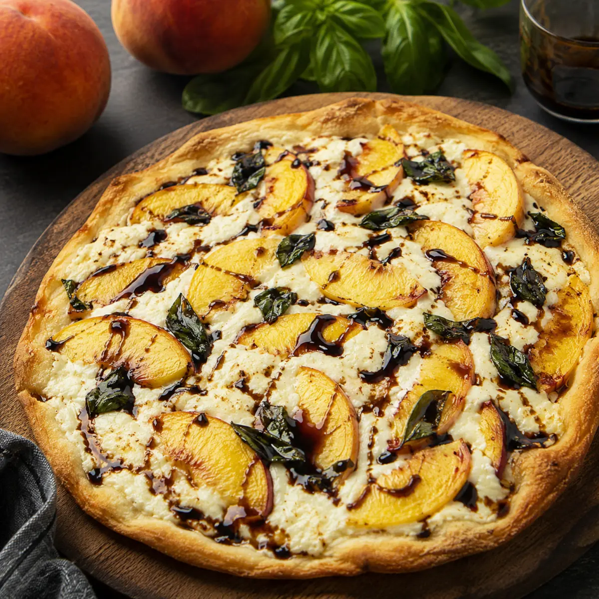 Pizza naan à la pêche et au basilic