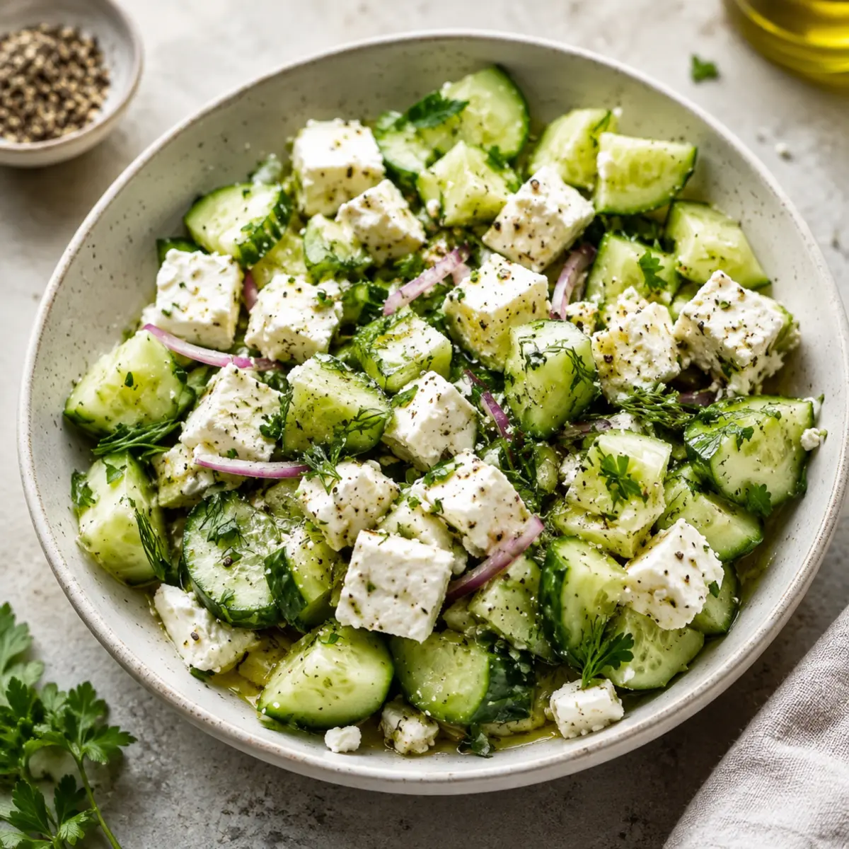 Salade de concombre et feta avec vinaigrette grecque au citron