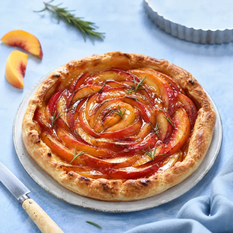 Tarte fine aux pêches, citron vert et romarin